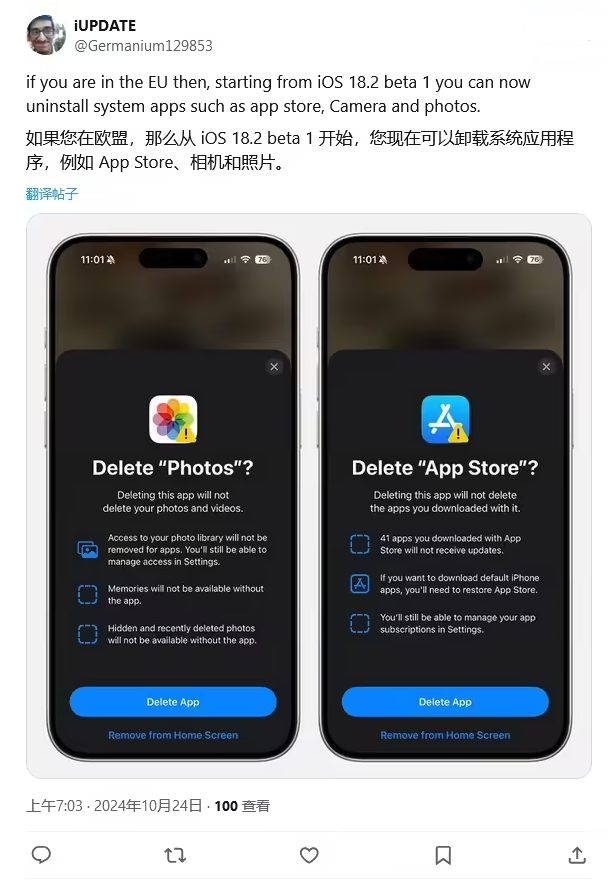 栾川苹果手机维修分享iOS 18.2 支持删除 App Store 应用商店 