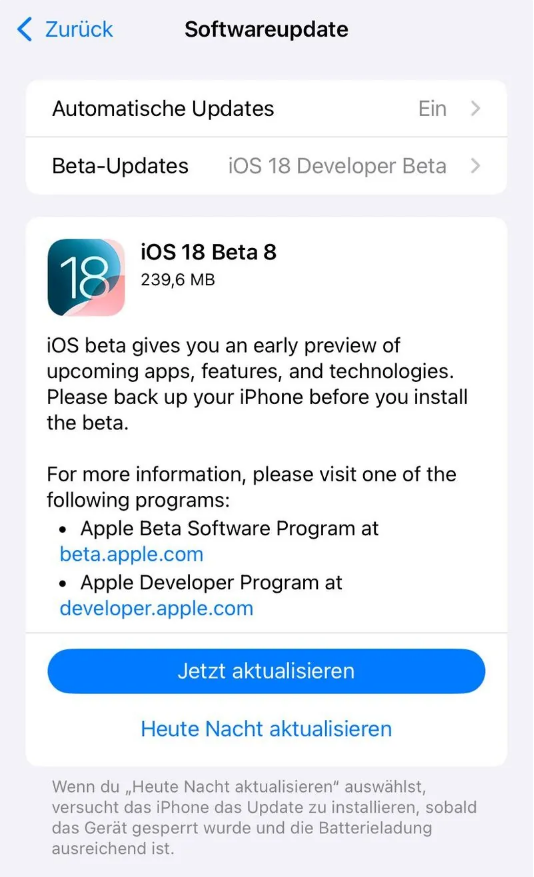 栾川苹果手机维修分享苹果 iOS / iPadOS 18 开发者预览版 Beta 8 发布 